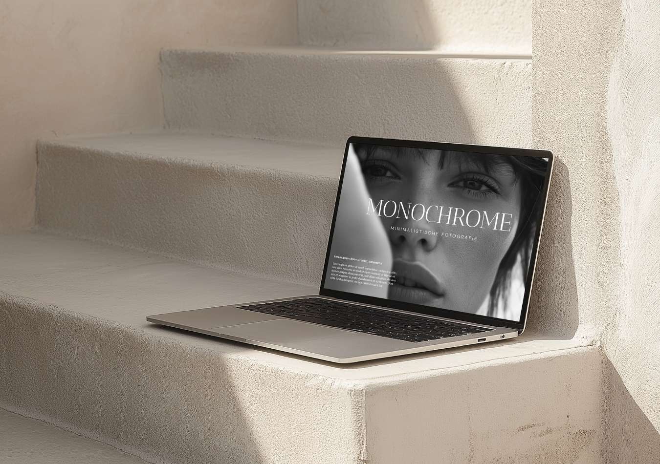 Verputzte Treppe Bali Vibes mit Laptop. Premium Webdesign & Branding von Calico Sky Studio.