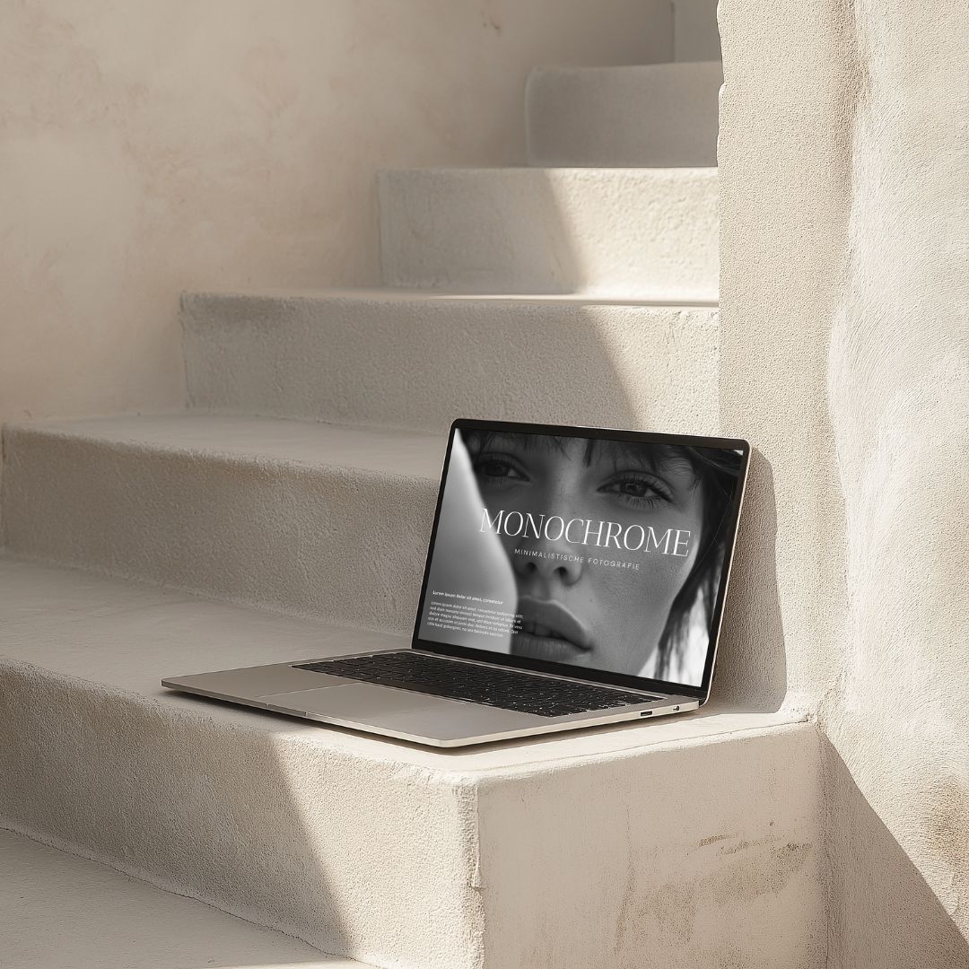 MONOCHROME Premium Webdesign Verputzte Treppe Bali Vibes mit Laptop. Premium Webdesign für Fotografen von Calico Sky Studio.