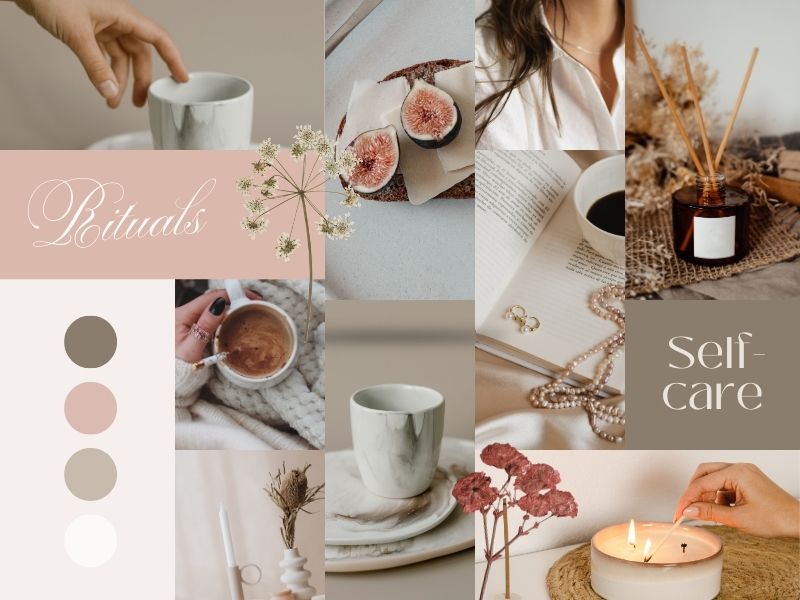 Moodboard erstellen - Der erste Schritt zum einzigartigen Brand Design 2 Moodboard erstellen im femininen Look. Thema ist Selfcare, Rituale und Me-Time. Zu sehen sind Kerzen, Blumen, Entspannung, Tee und Kaffeetasse, Raumdüfte.