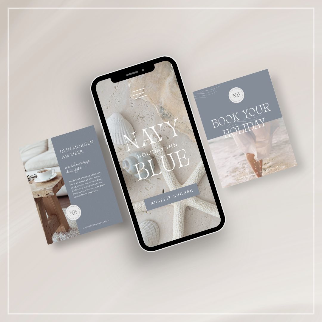 Calico Sky Studio - Branding Smartphone & Instagram Templates für Navy Blue Holiday Inn - von Calico Sky Studio Webdesign & Branding Studio.