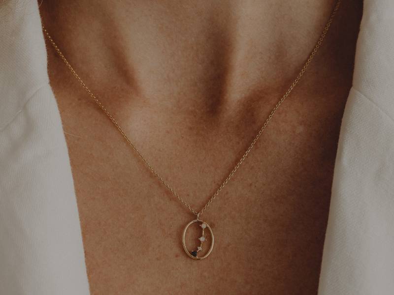 Frau mit goldener Halskette, Anhänger minimalistisch elegant. Blogartikel zur Gewinnung von Premium-Kunden.