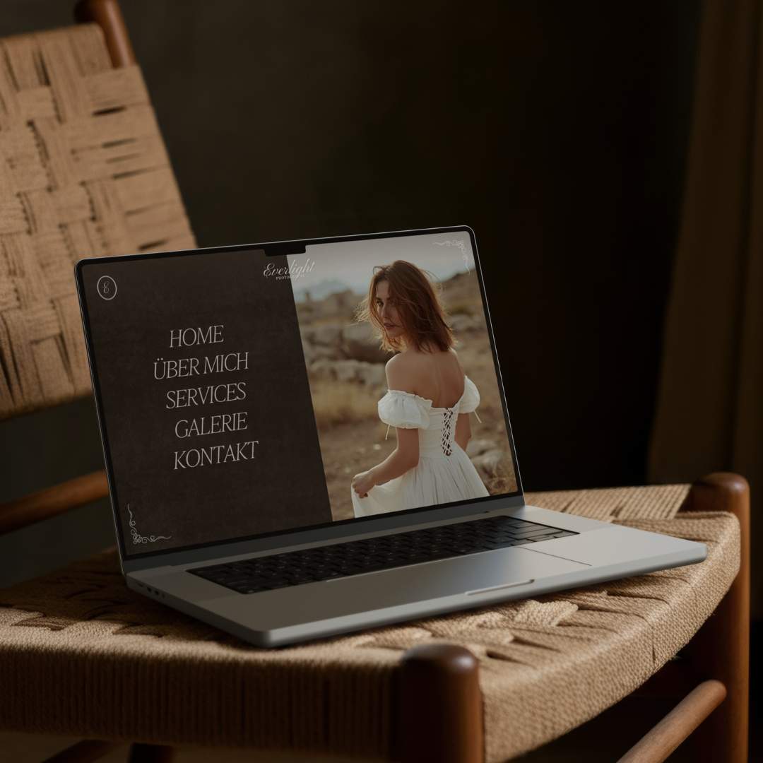Mockup eines Designer Stuhl mit Geflecht, auf dem ein Laptop steht. Modernes Premium Webdesign für kreative Selbständige wie Fotografen, Coaches, Kundsthandwerk, Hochzeitsdienstleister, Fashion und Lifestyle Brands.