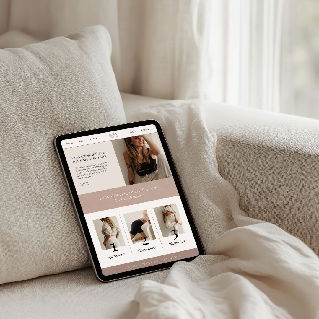 Sofa cremefarben - soft fabrics mit Tablet einer Website für Fitness & Sportswear. Premium Designs for Lifestyle Brands.