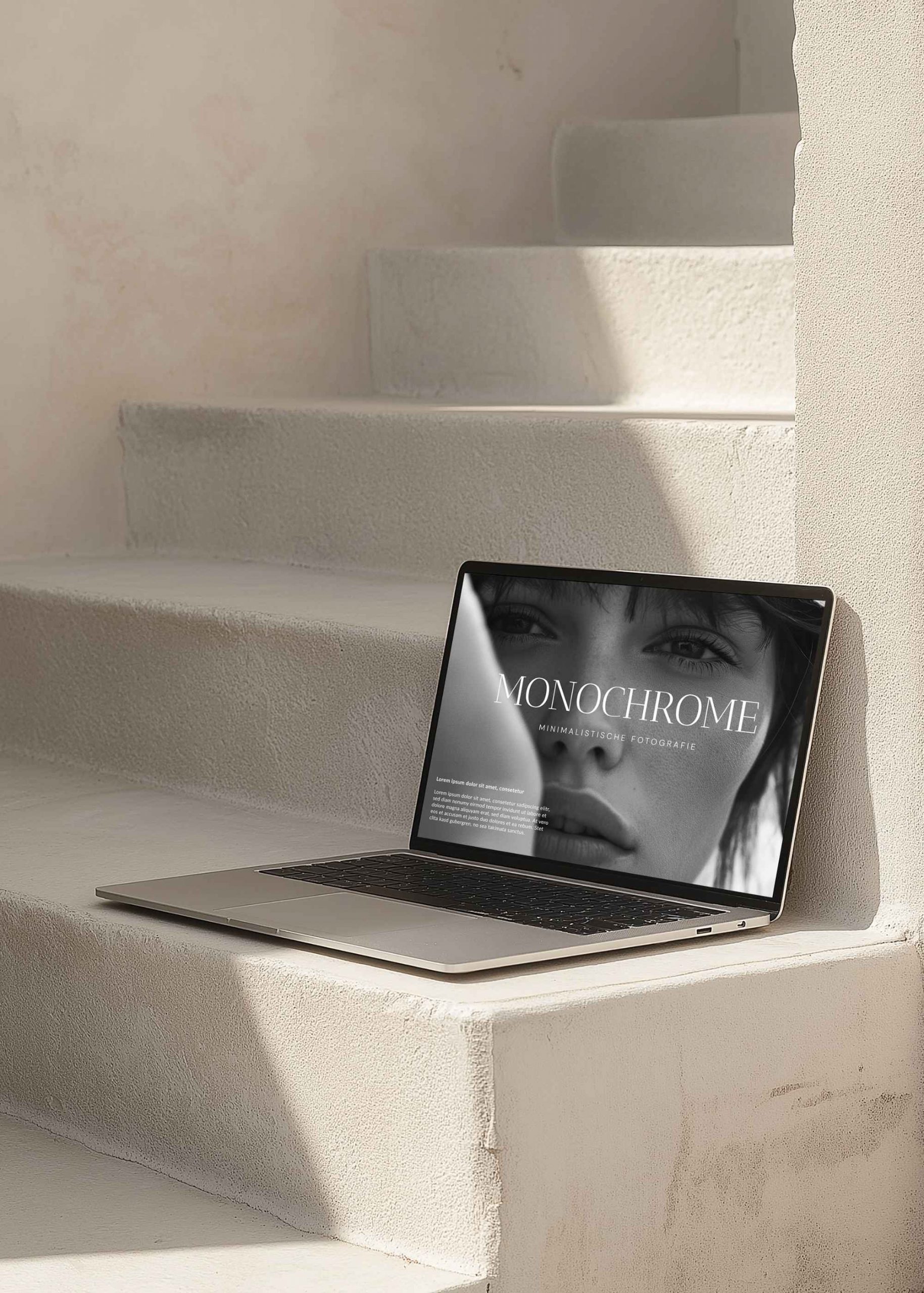 Verputzte Treppe Bali Vibes mit Laptop. Premium Webdesign für Fotografen von Calico Sky Studio.