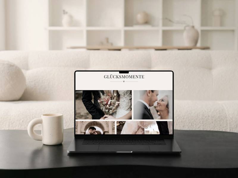 Website oder Social Media - Website für Hochzeitsfotograf Laptop in Wohnzimmer mit minimal Design - Blogartikel mit dem Thema Website oder Social Media - was brauchen Selbstständige in 2025 wirklich